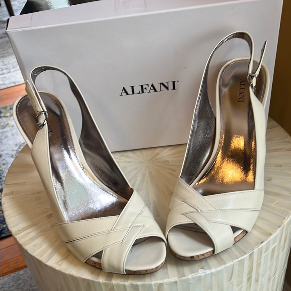 🏖️ Alfani Cream Peep-Toe Slingback Heels, Size 10M